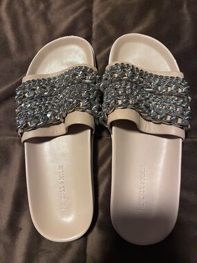 Kendall & Kylie  Nude Slide Sandals with Silver Chain Accent, size 7